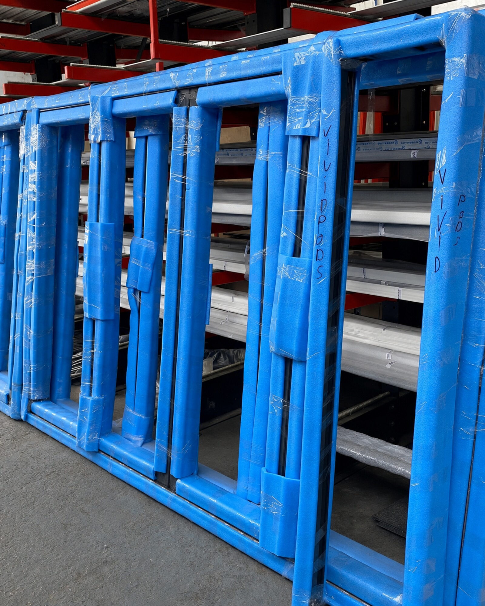 Finished aluminium windows packed for despatch from Bristol