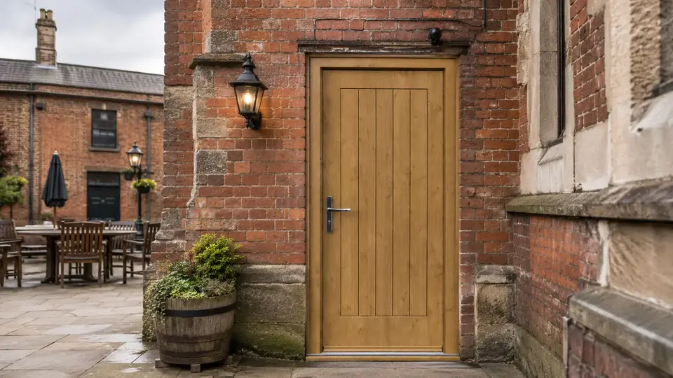Solid Indiana oak-effect composite door on a Bristol pub side entrance