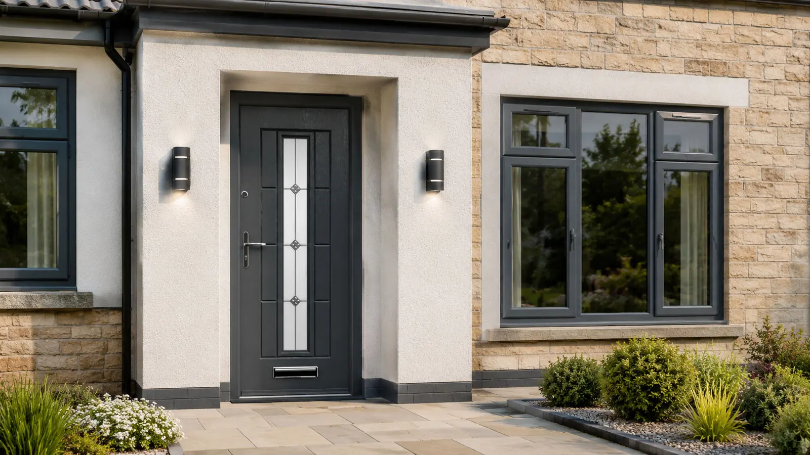 Anthracite grey Vermont composite door shown on a modern British home