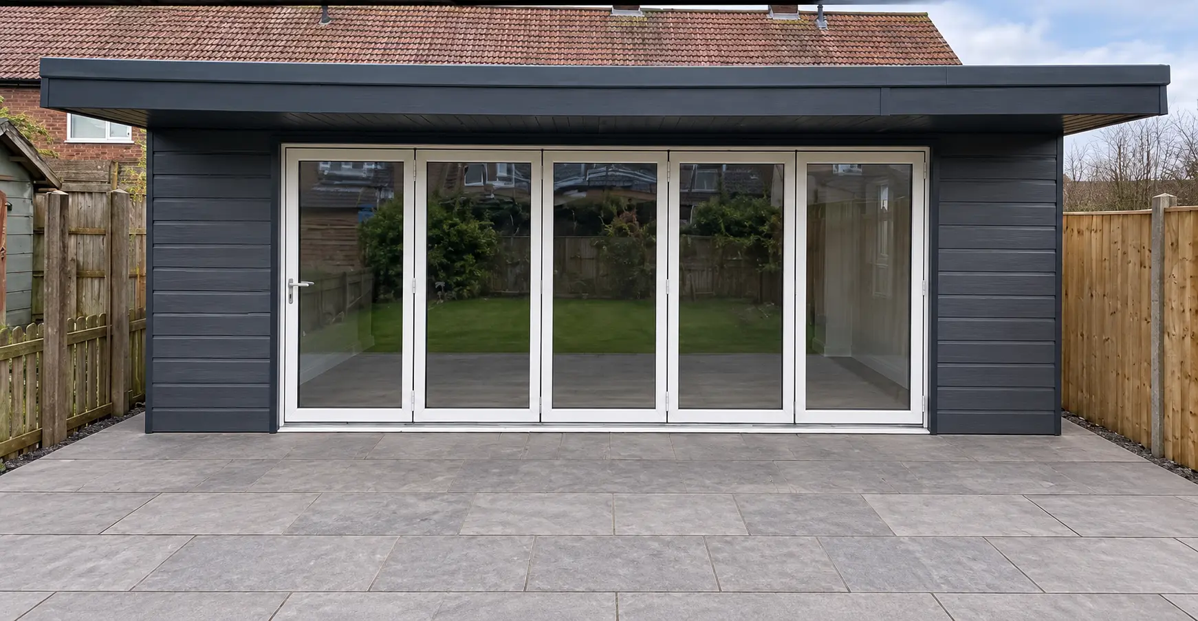 Five-panel bifold doors across the front of a garden room