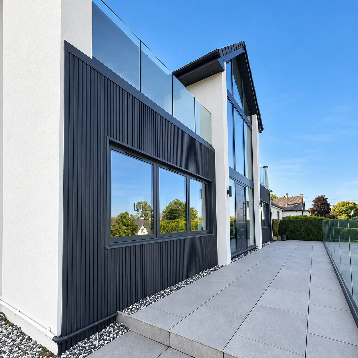 Full-height aluminium gable-end glazing on a contemporary home