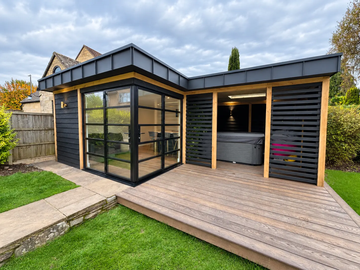 Completed heritage aluminium corner doors on a garden room