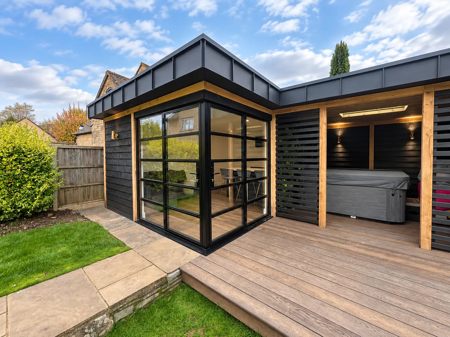 Jet-black heritage aluminium doors wrapping the glazed corner of a timber garden room