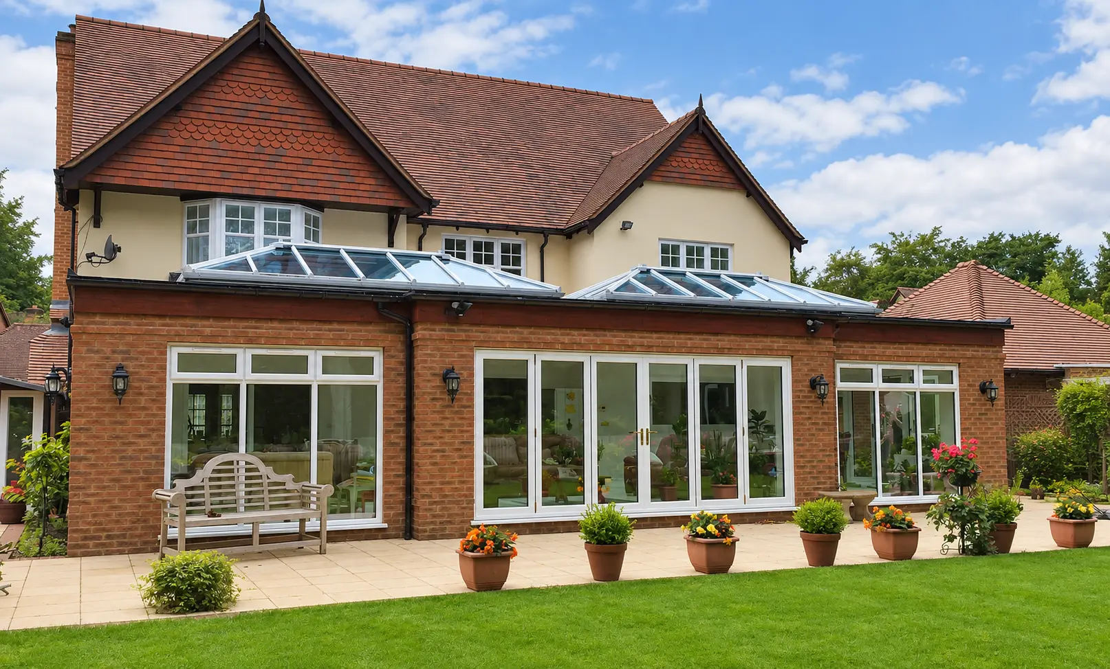 Wide multi-panel bifold doors with matching windows across a large rear elevation