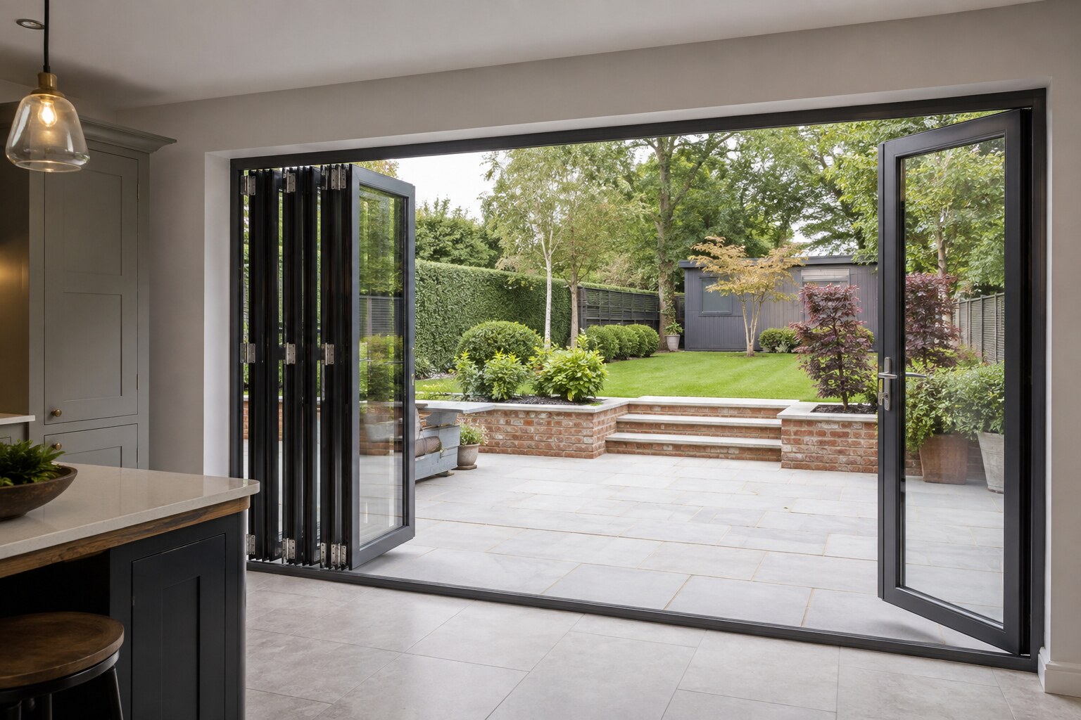 Interior view through open aluminium bifold doors